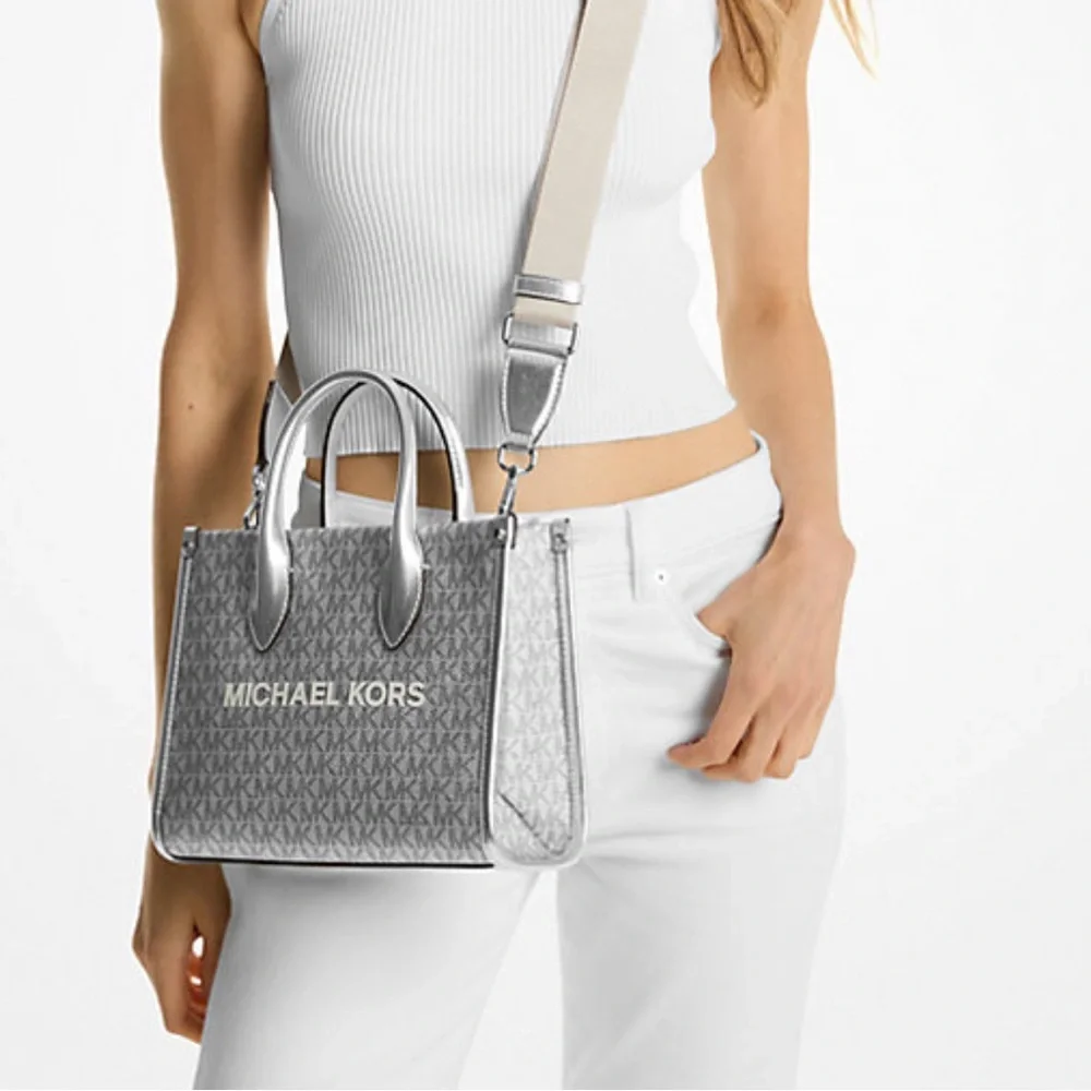 Michael Kors Mirella Small Metallic Signature Logo Crossbody Bag  Silver  NWT